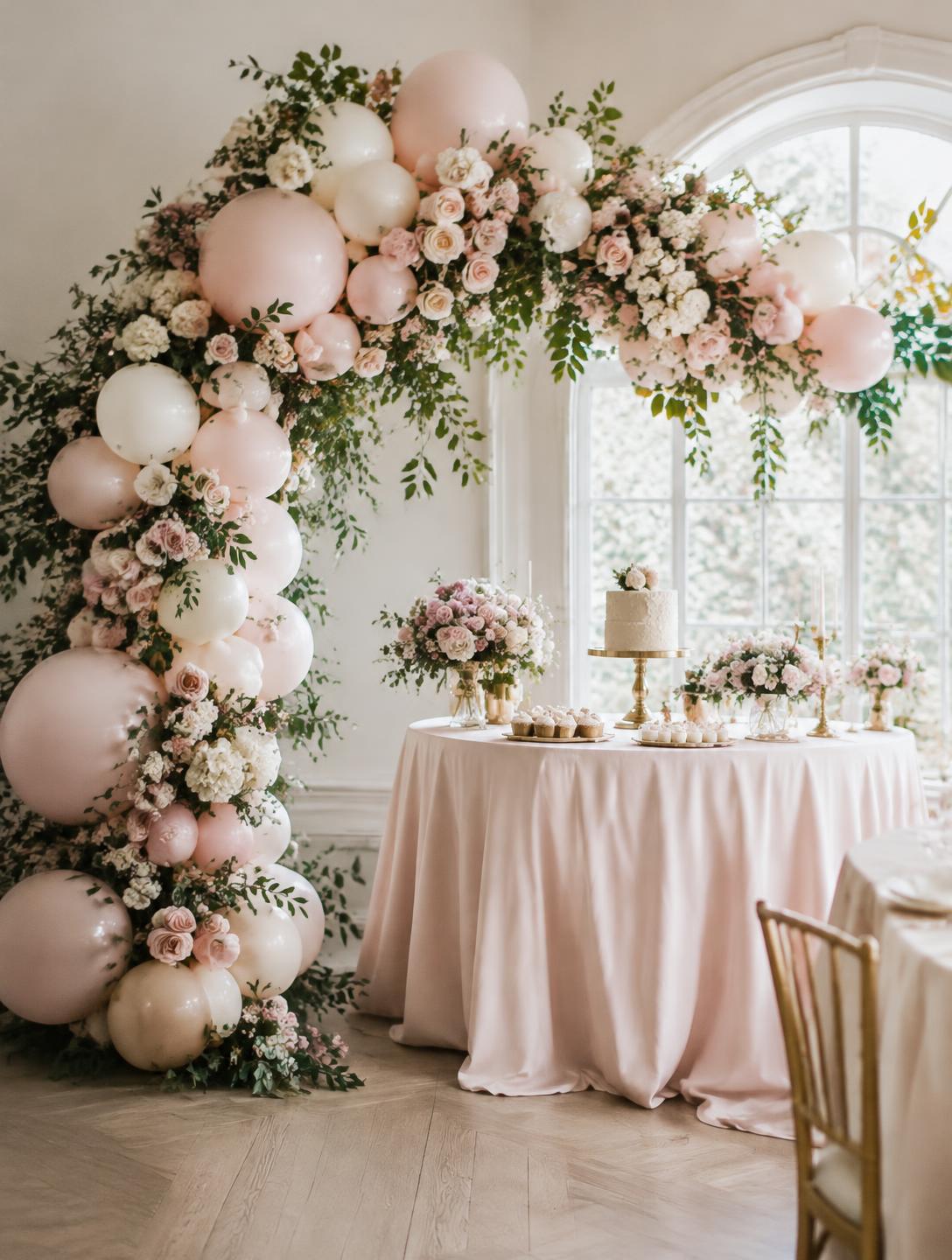 Allestimento con arco di palloncini e fiori